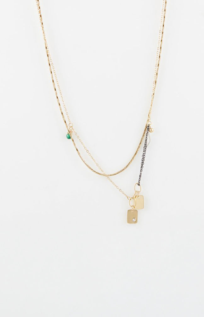 Collier pendentif - Acier inoxydable & onyx - Doré & noir