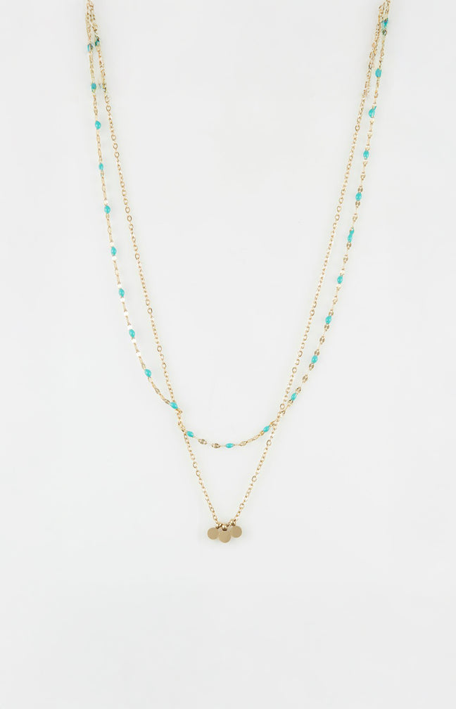 Collier double rang à pendentifs - Acier inoxydable - Doré et bleu