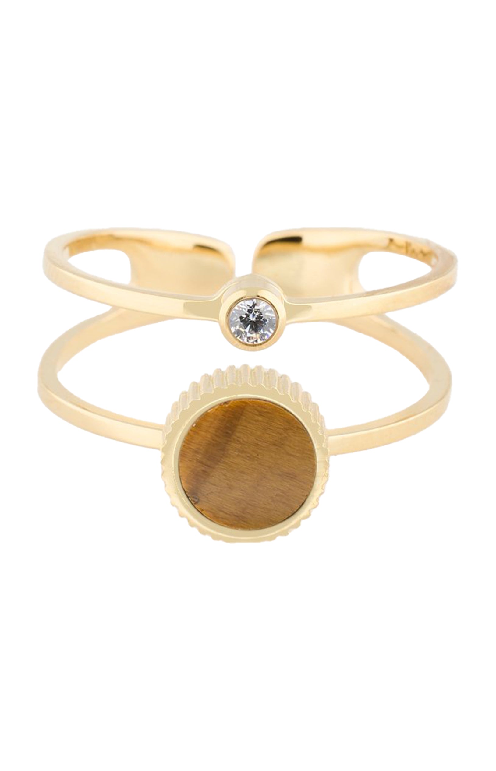 Bague ajustable - Acier inoxydable & cristal - Œil de tigre - Doré & marron