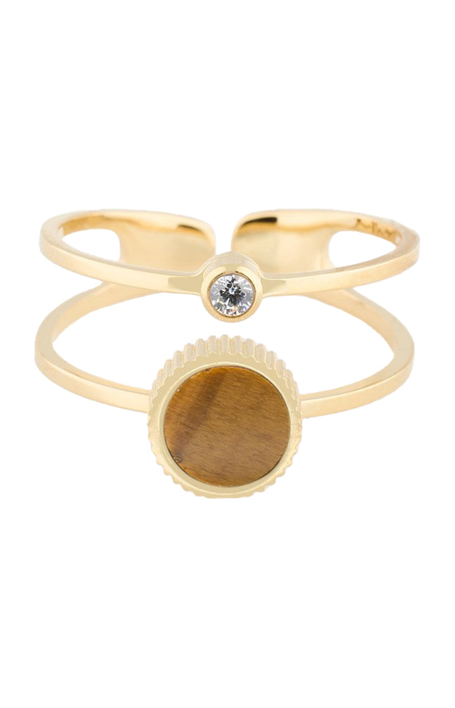 Bague ajustable - Acier inoxydable & cristal - Œil de tigre - Doré & marron