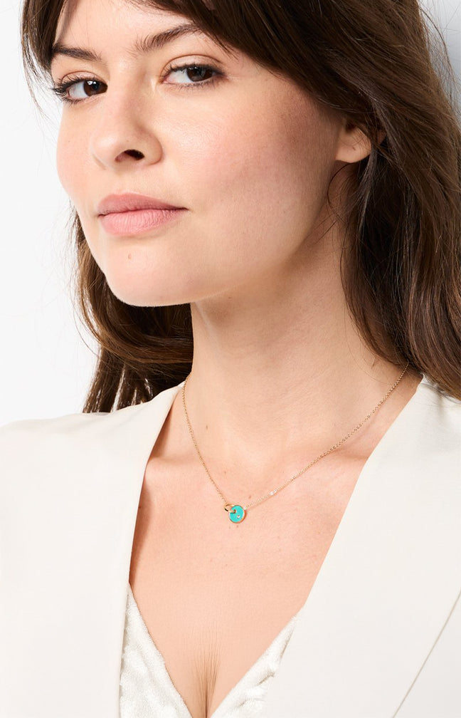 Collier pendentif pierre sertie - Acier inoxydable - Doré & turquoise