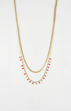Collier double rang - Acier inoxydable - Doré & rouge
