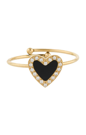 Bague en cœur ajustable – Acier inoxydable & zirconiums – Doré & noir