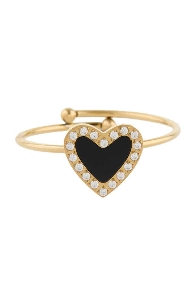 Bague en cœur ajustable – Acier inoxydable & zirconiums – Doré & noir