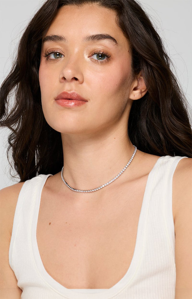 Collier - Acier inoxydable & zircon - Argenté & blanc