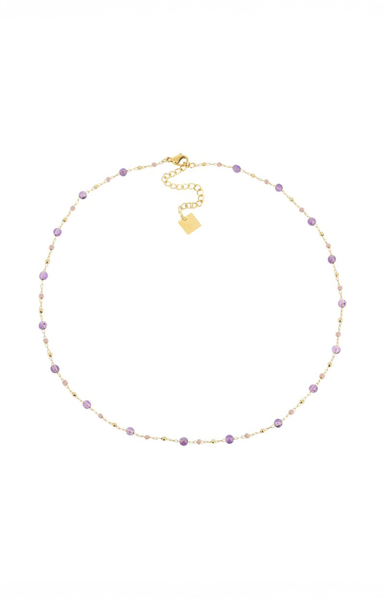 Collier pendentif - Louane - Acier inoxydable & améthystes - Doré & violet