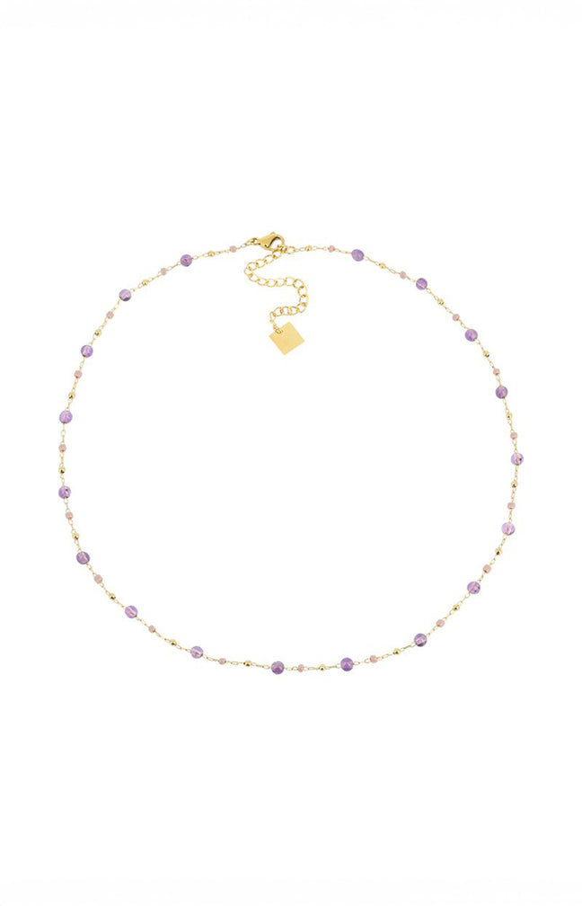 Collier pendentif - Louane - Acier inoxydable & améthystes - Doré & violet