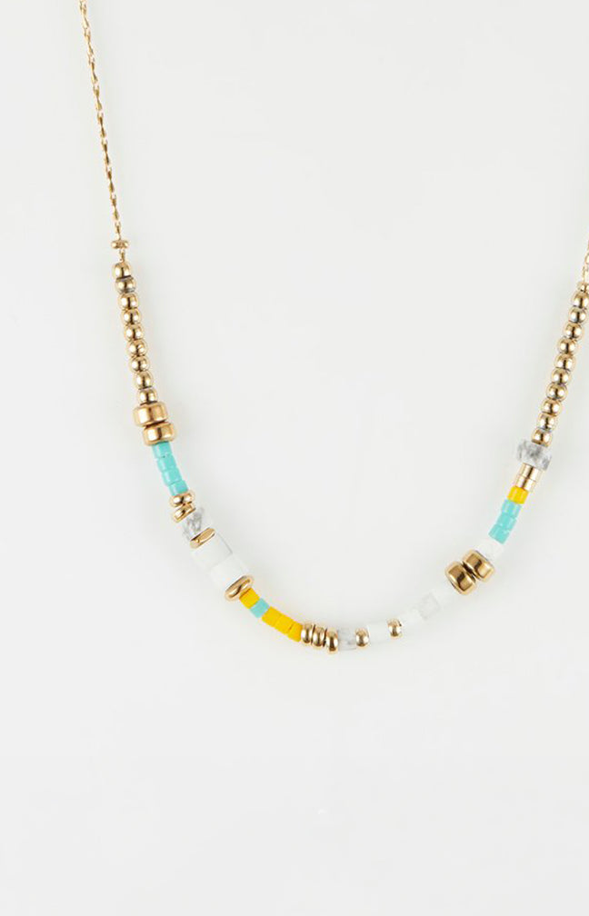 Collier chaîne perles- Acier inoxydable - Doré, bleu, jaune & blanc