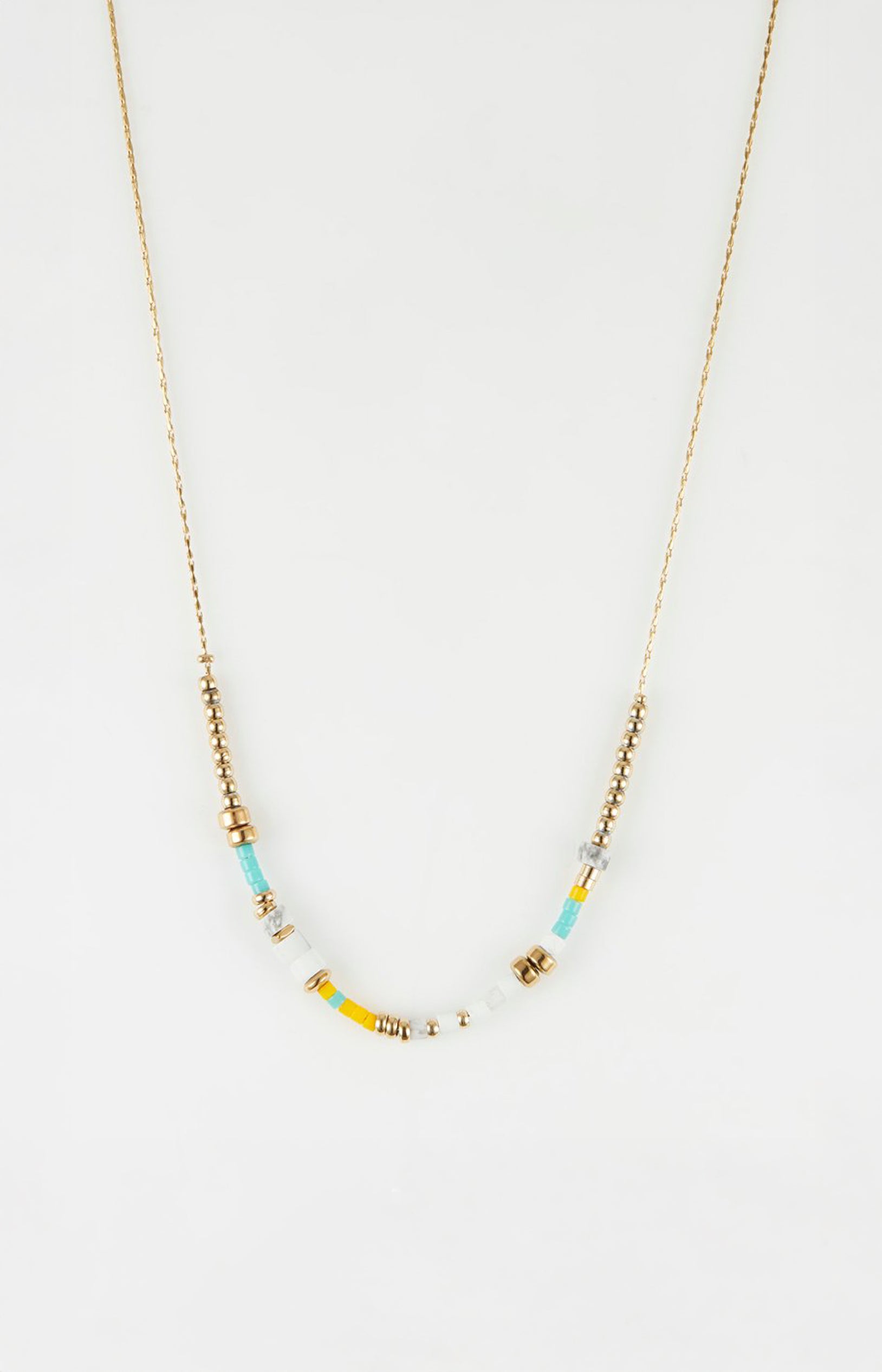 Collier chaîne perles- Acier inoxydable - Doré, bleu, jaune & blanc