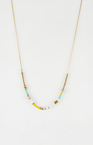 Collier chaîne perles- Acier inoxydable - Doré, bleu, jaune & blanc