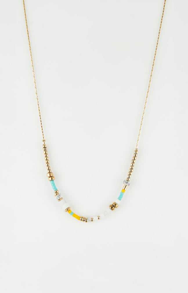 Collier chaîne perles- Acier inoxydable - Doré, bleu, jaune & blanc