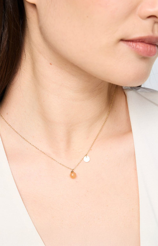 Collier pendentif - Acier inoxydable & cornaline - Doré & orange