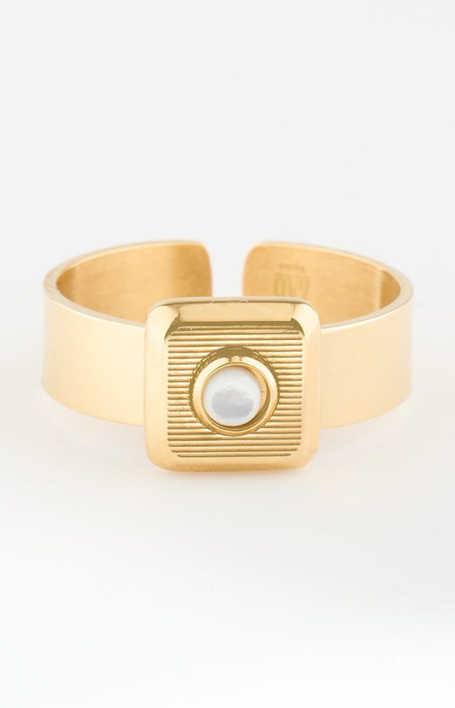 Bague ajustable - Acier inoxydable & nacre - Doré & blanc