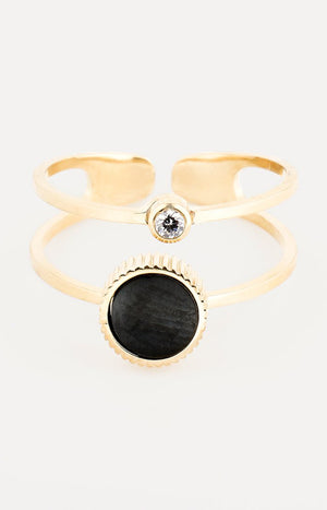 Bague ajustable - Acier inoxydable, onyx & cristal – Doré & noir