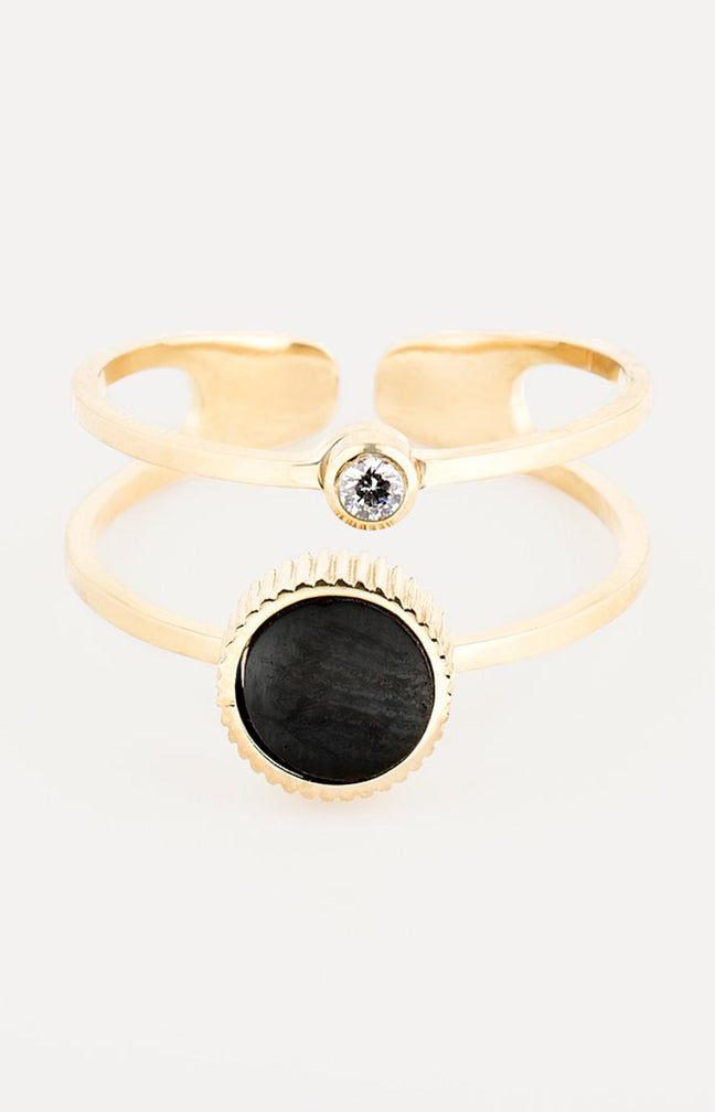Bague ajustable - Acier inoxydable, onyx & cristal – Doré & noir