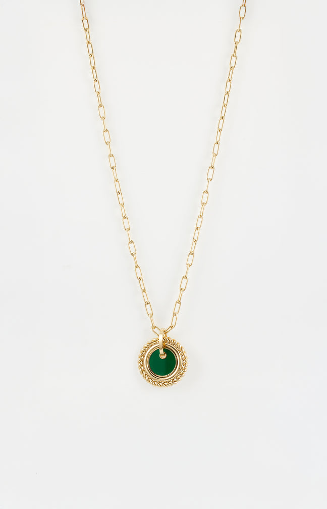 Collier pendentif médaillon - Acier inoxydable - Doré & vert