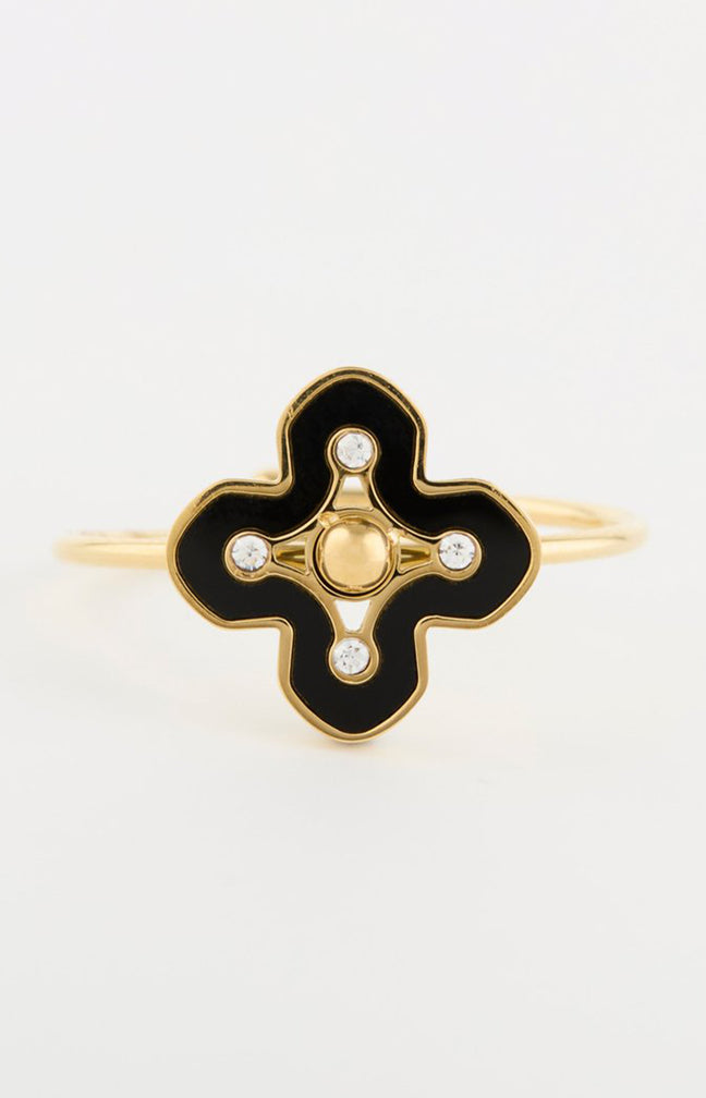 Bague en trèfle ajustable - Acier inoxydable & cristaux - Doré & noir