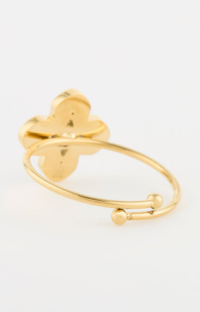 Bague en trèfle ajustable - Acier inoxydable & cristaux - Doré & noir