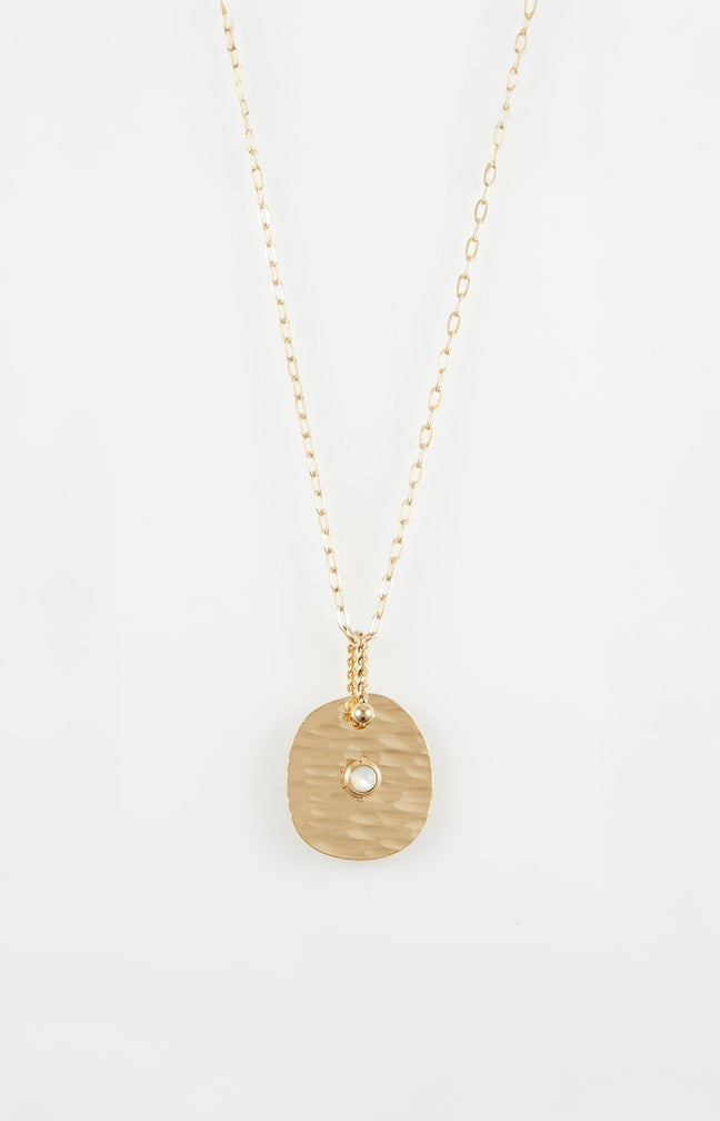 Collier pendentif rond - Acier inoxydable & nacre - Doré