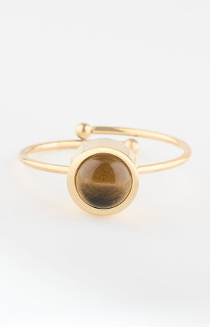 Bague ajustable - Acier inoxydable & quartz fumé - Doré & marron