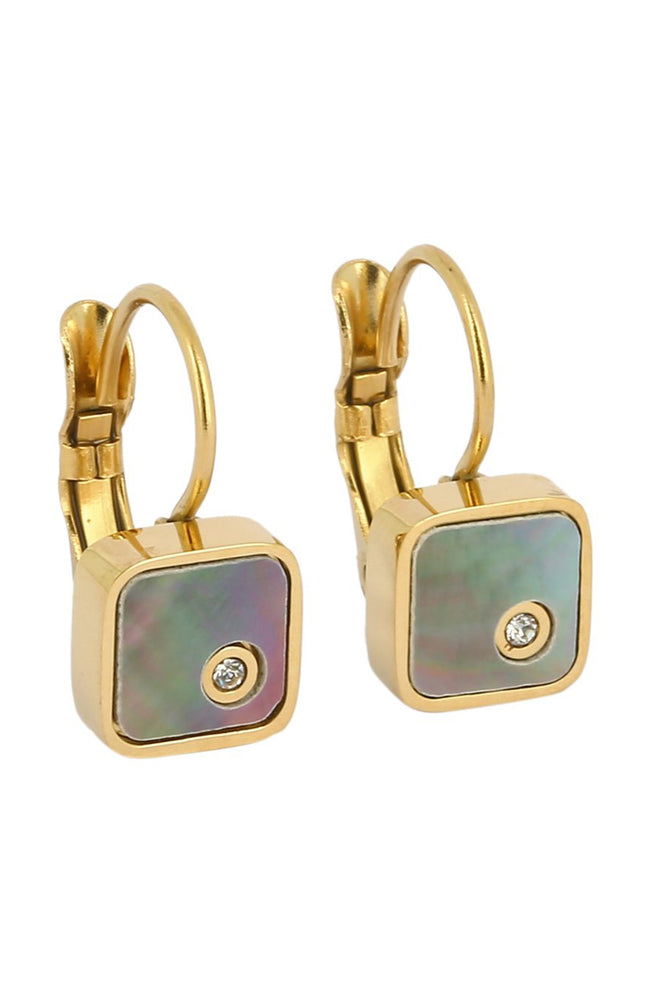 Boucles d’oreilles Kira - Acier inoxydable, nacre & cristaux - Doré & gris