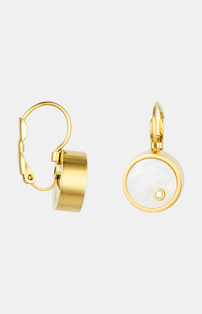 Boucles d’oreilles Big Lina - Acier inoxydable, nacre & cristaux - Doré & blanc