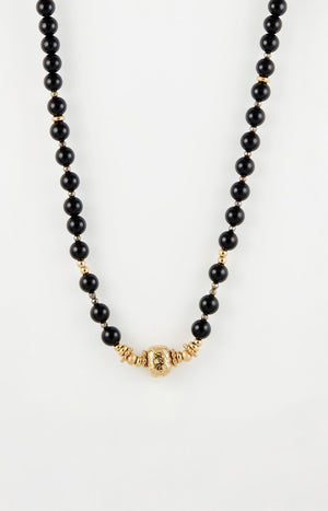 Collier pendentif ovale - Acier inoxydable & onyx - Doré & noir