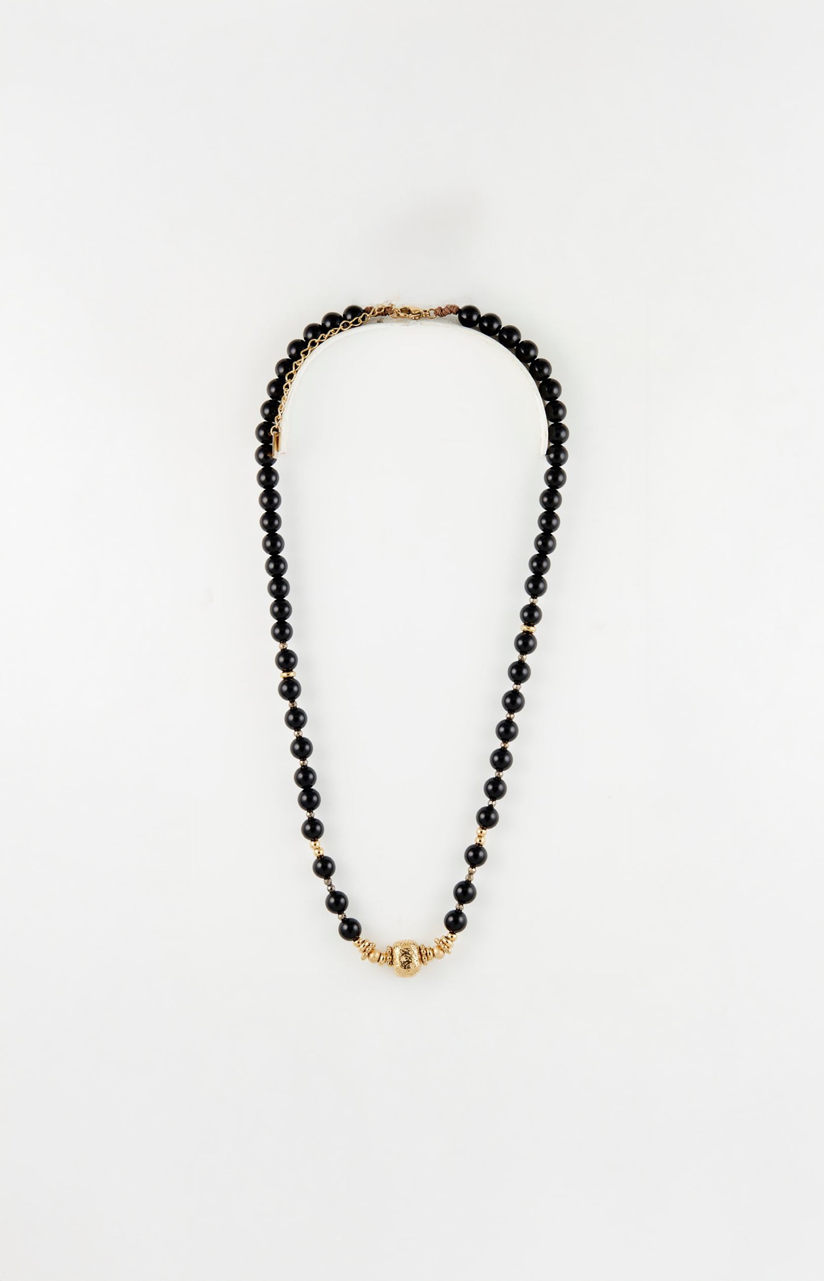 Collier pendentif ovale - Acier inoxydable & onyx - Doré & noir