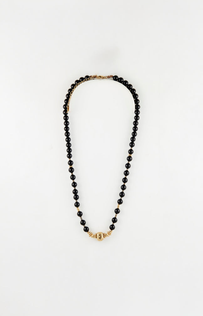 Collier pendentif ovale - Acier inoxydable & onyx - Doré & noir