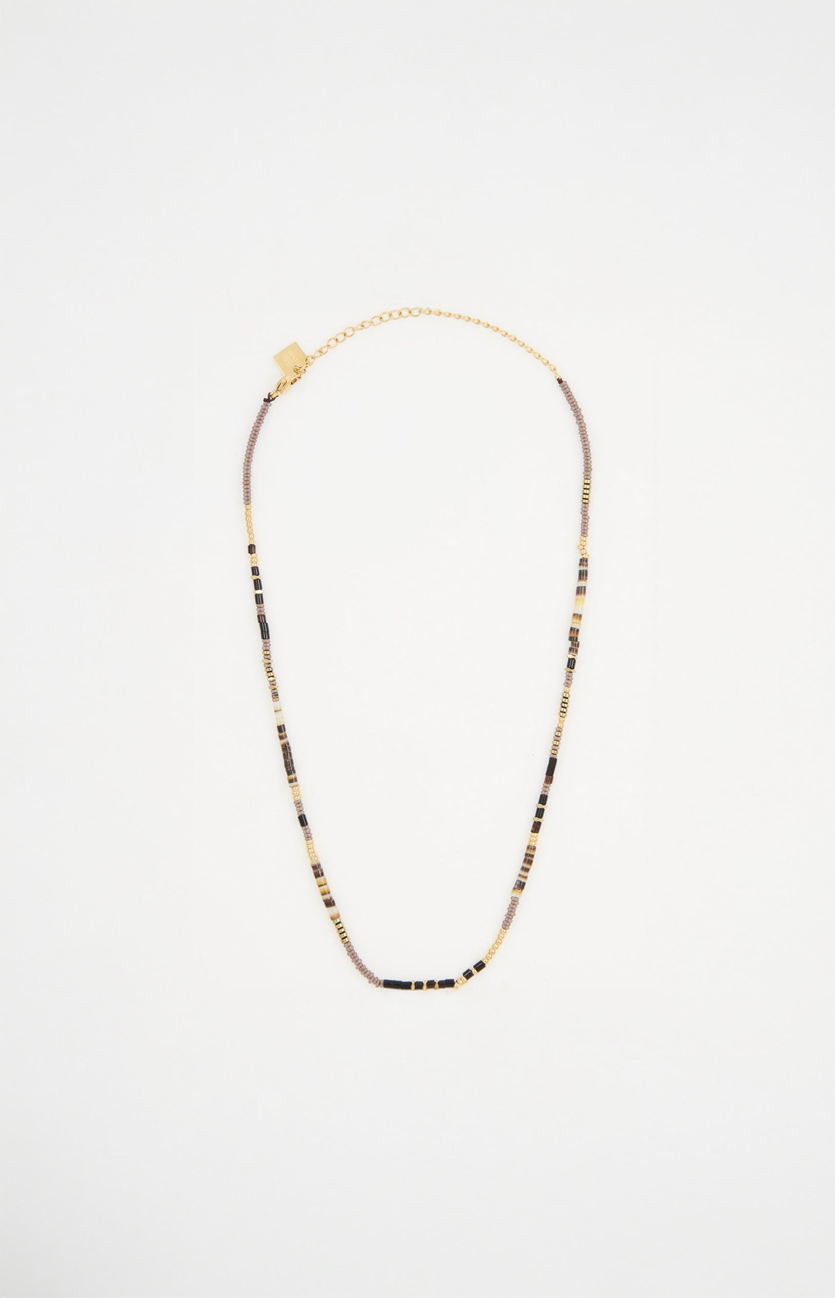 Collier de pierres serties - Acier inoxydable - Doré, noir & beige