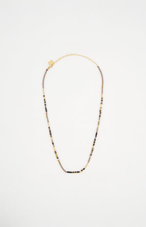 Collier de pierres serties - Acier inoxydable - Doré, noir & beige