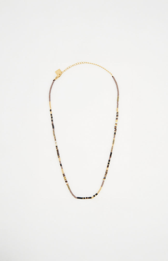Collier de pierres serties - Acier inoxydable - Doré, noir & beige