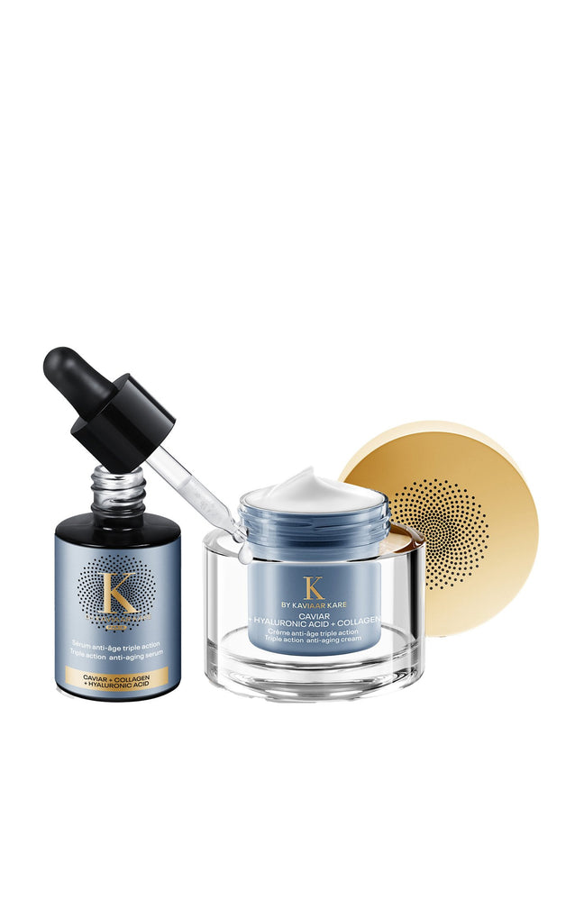 Sérum & crème anti-âge triple action - Caviar, acide hyaluronique & collagène - 2 produits