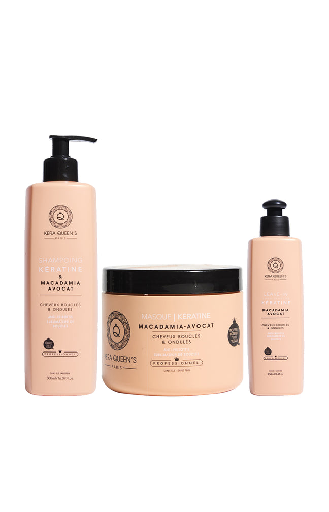 Routine réparatrice - Kératine, macadamia & avocat - Cheveux bouclés, secs & abîmés - 3 produits