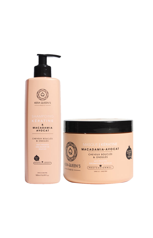 Shampoing & masque réparateurs - Kératine, macadamia & avocat - Cheveux bouclés, secs & abîmés - 2 x 500 ml