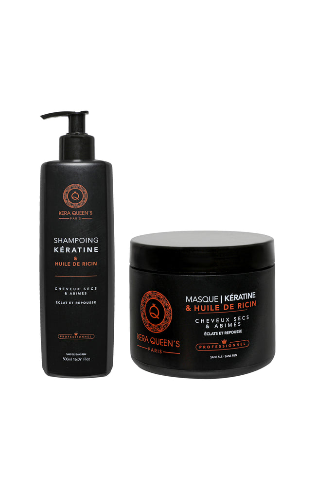 Shampoing & masque éclat et repousse - Kératine & ricin - Cheveux secs & abîmés - 2 x 500 ml