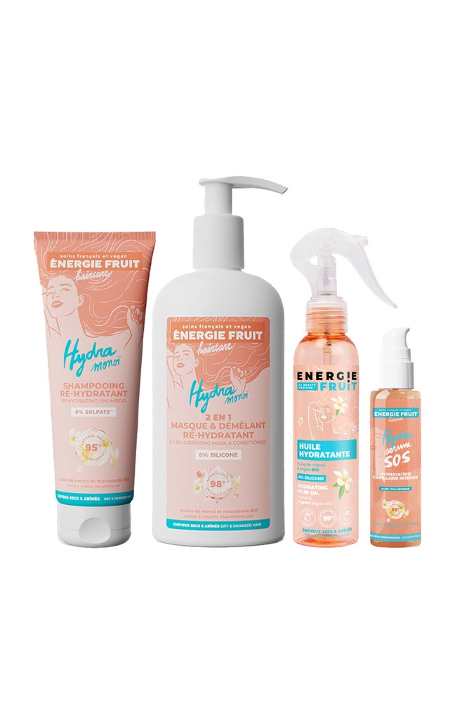 Routine hydratante - Monoï & huile de macadamia bio - Cheveux abîmés - 4 produits