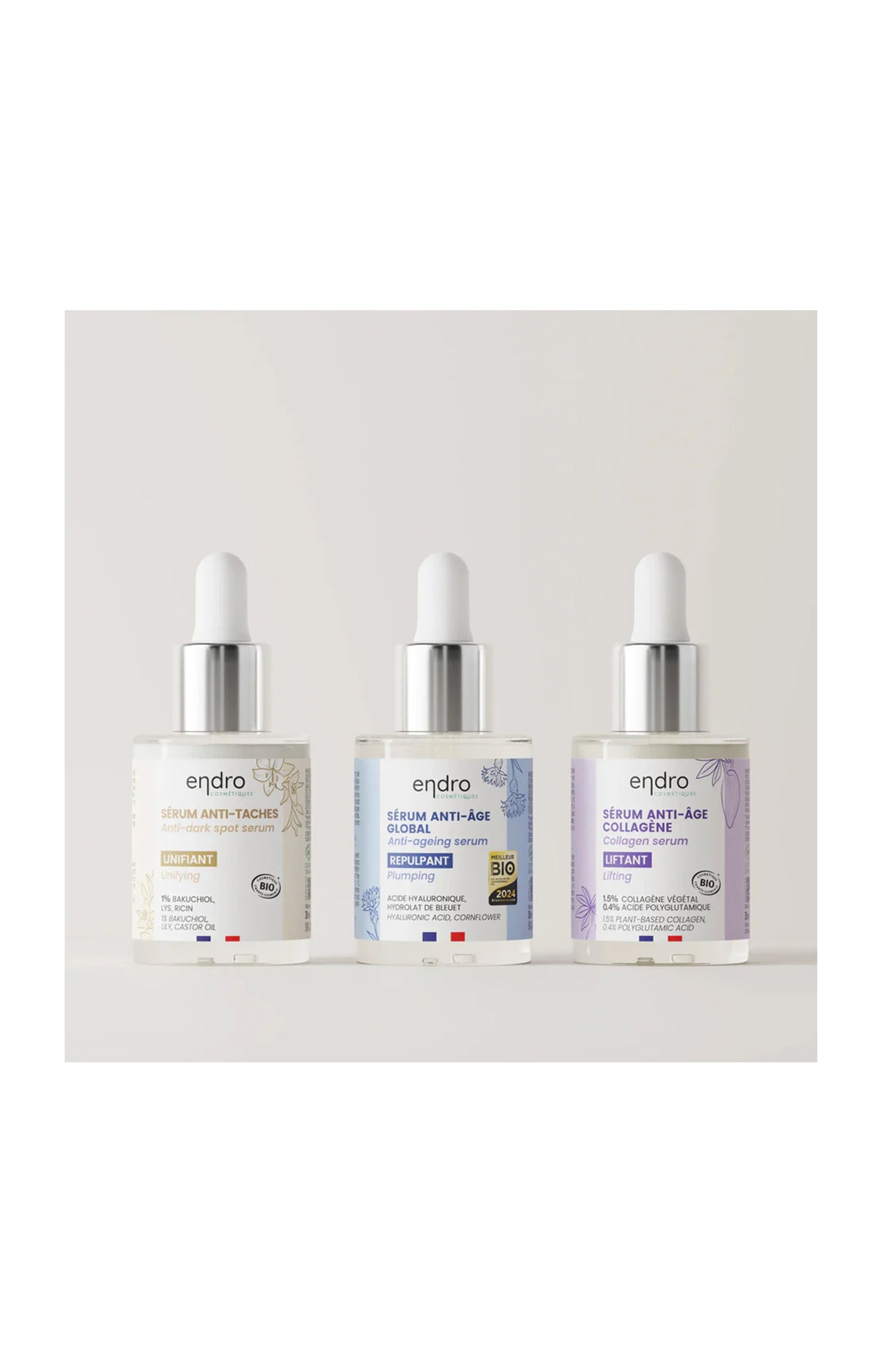 Sérums anti-âge & anti-taches - Acide hyaluronique, Collagène & Bakuchiol - Visage - 3 x 30 ml