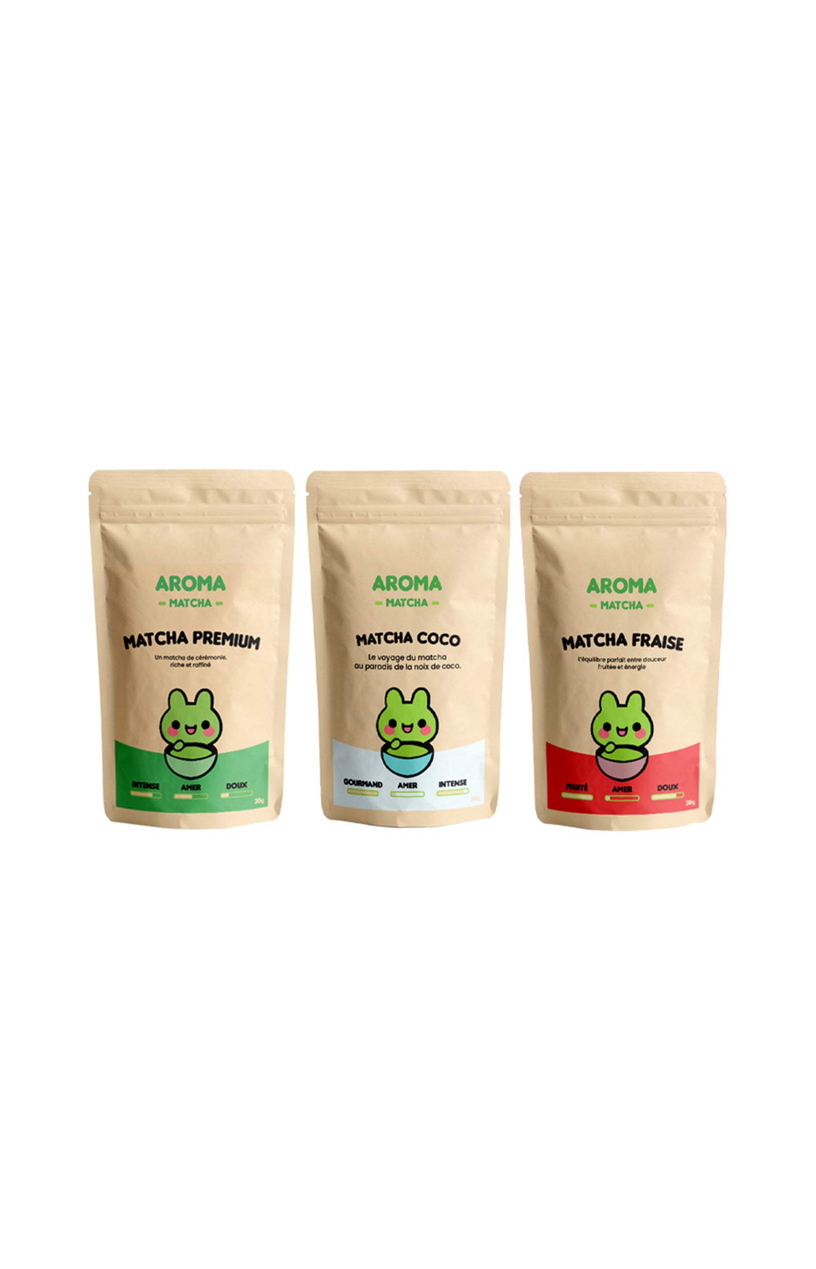 Pack découverte Matcha - Premium, coco & fraise - 3 x 30 g
