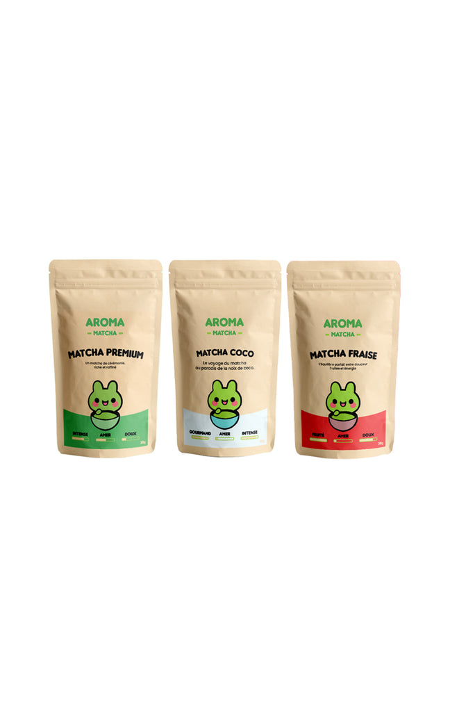 Pack découverte Matcha - Premium, coco & fraise - 3 x 30 g