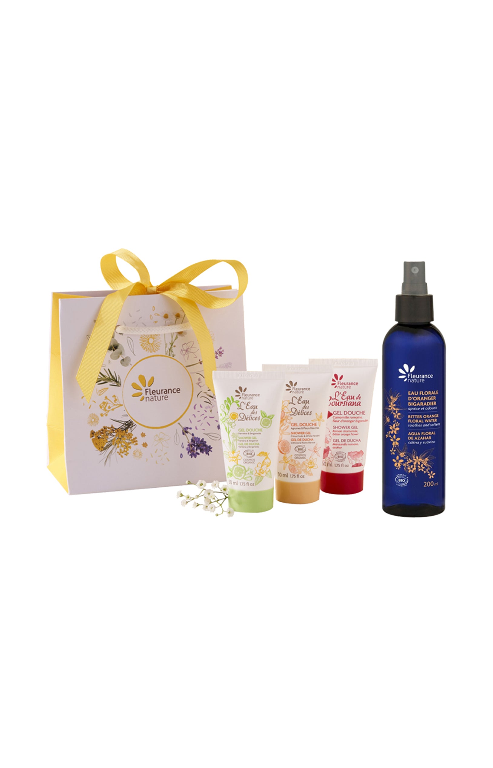 Eau florale apaisante & coffret voyage de gels douche (3 x 50 ml) - 4 produits