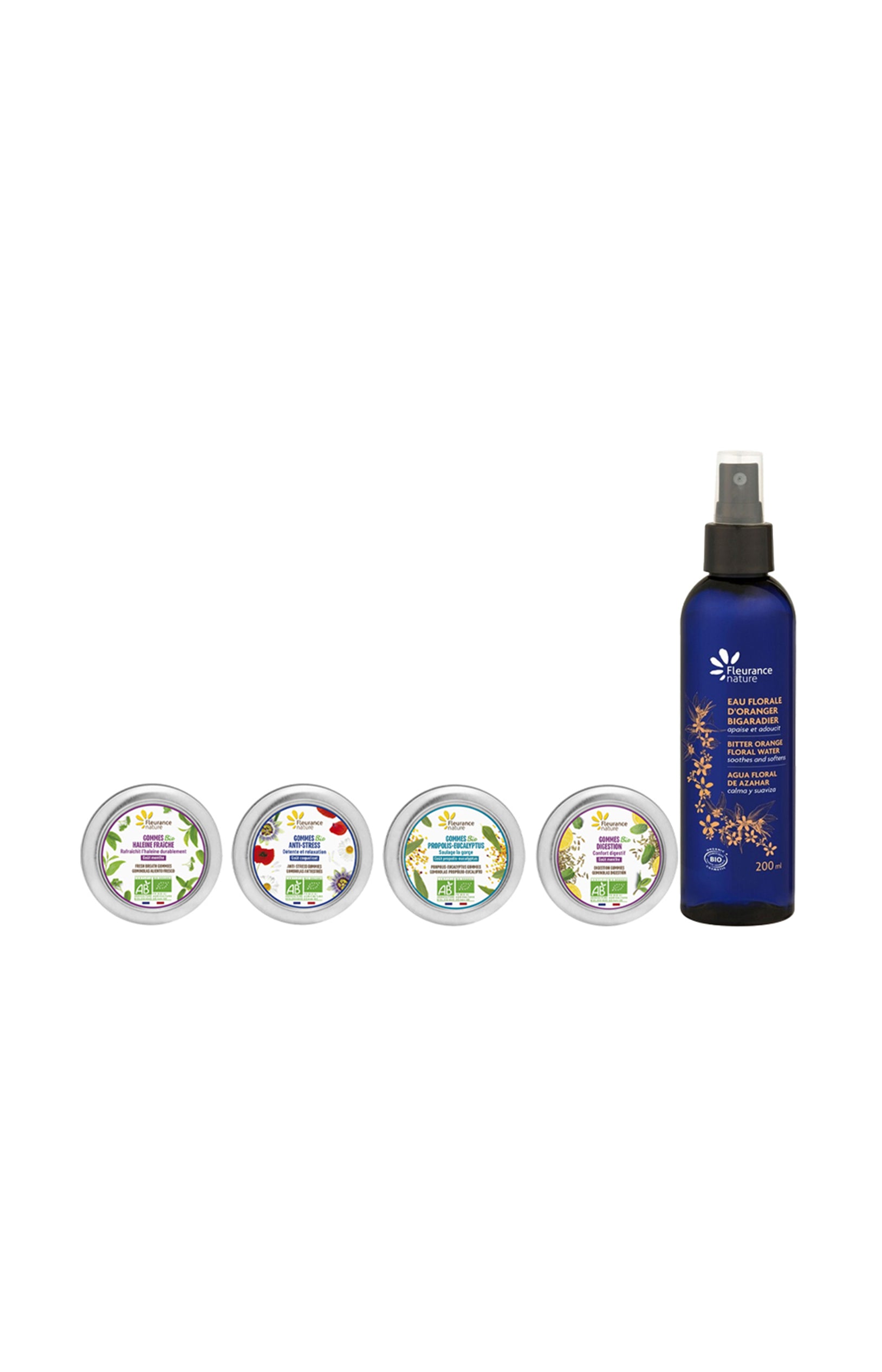 Eau florale apaisante & coffret gommes bien-être (4 x 30 g) - 5 produits