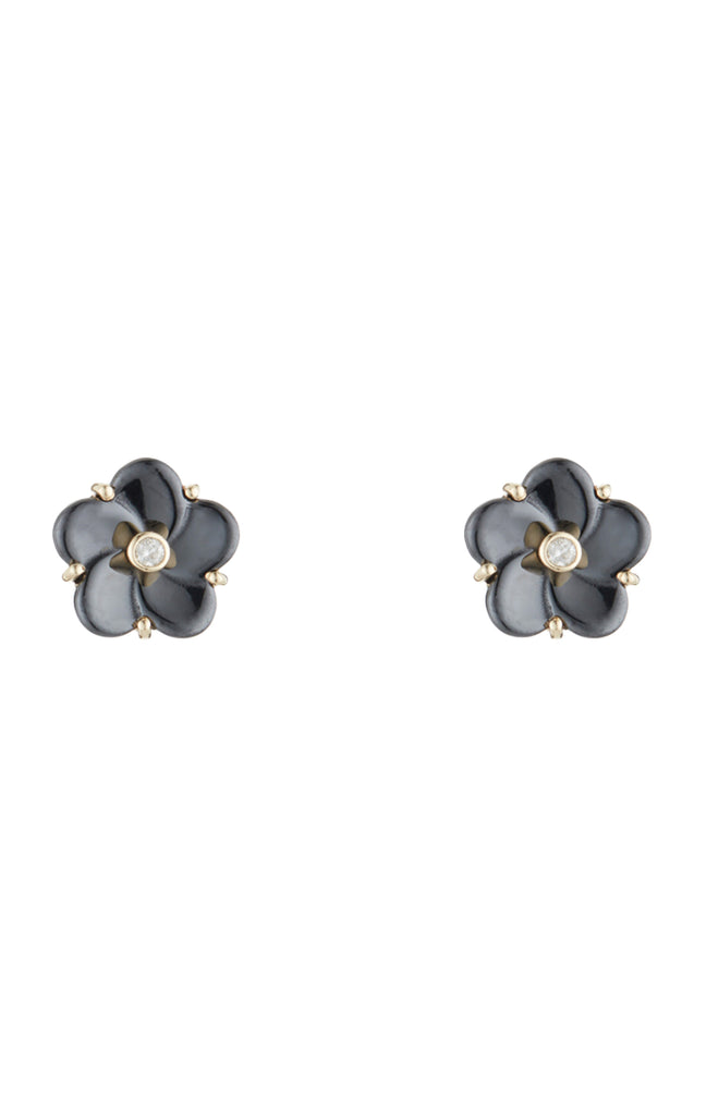 Boucles d'oreilles Fleur noir - Or jaune 375/1000, diamant & céramique