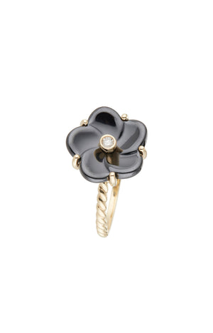 Bague Fleur Noire - Or jaune 375/1000, céramique & diamant