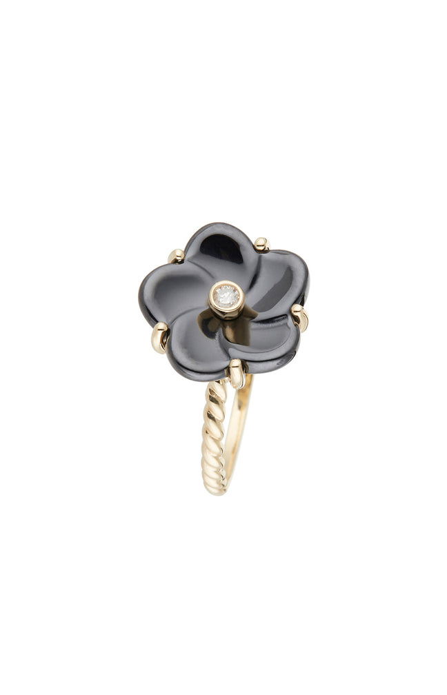Bague Fleur Noire - Or jaune 375/1000, céramique & diamant