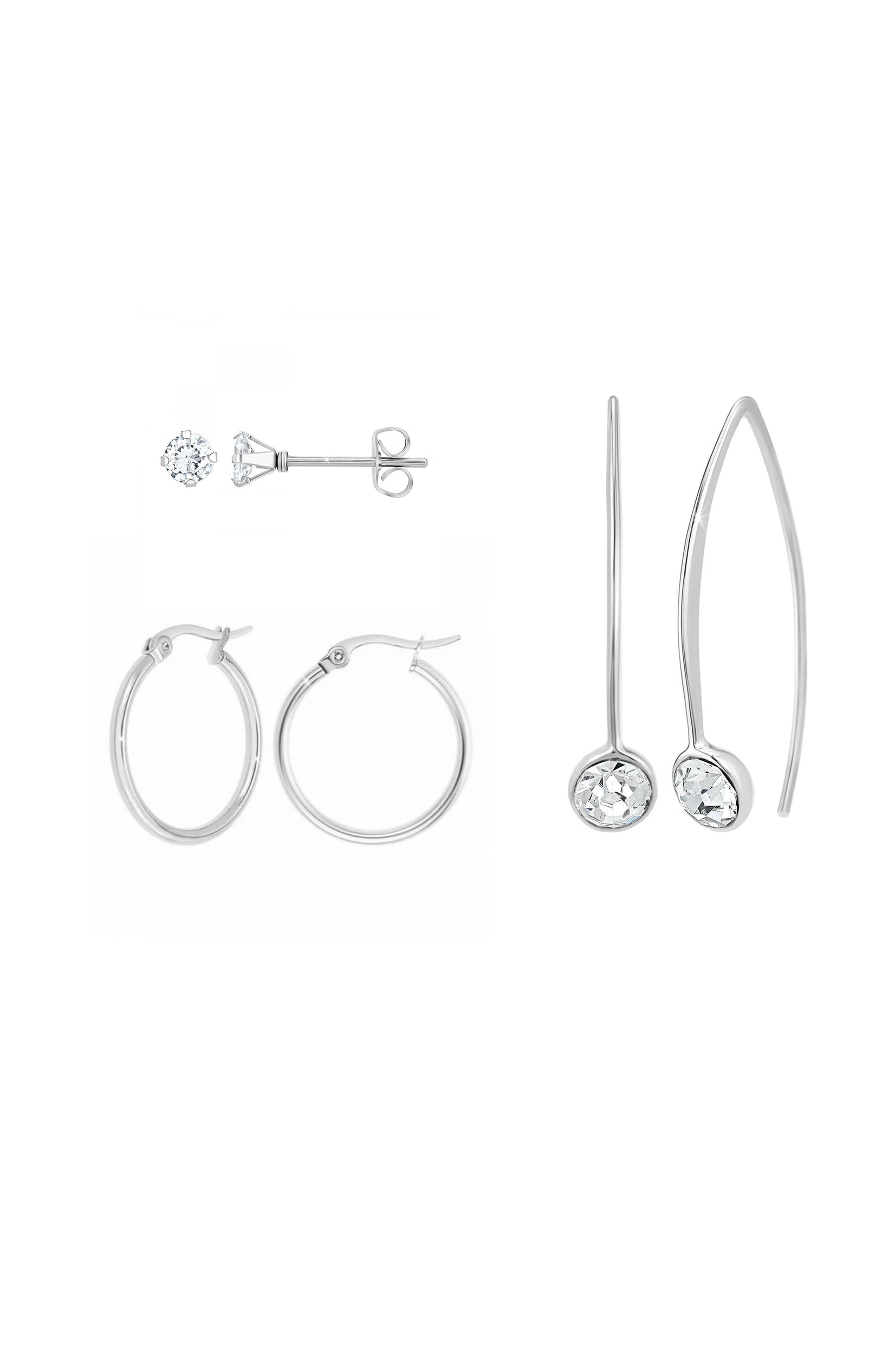 Boucles d'oreilles - Laiton & acier inoxydable - Argenté - 3 paires