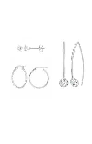 Boucles d'oreilles - Laiton & acier inoxydable - Argenté - 3 paires