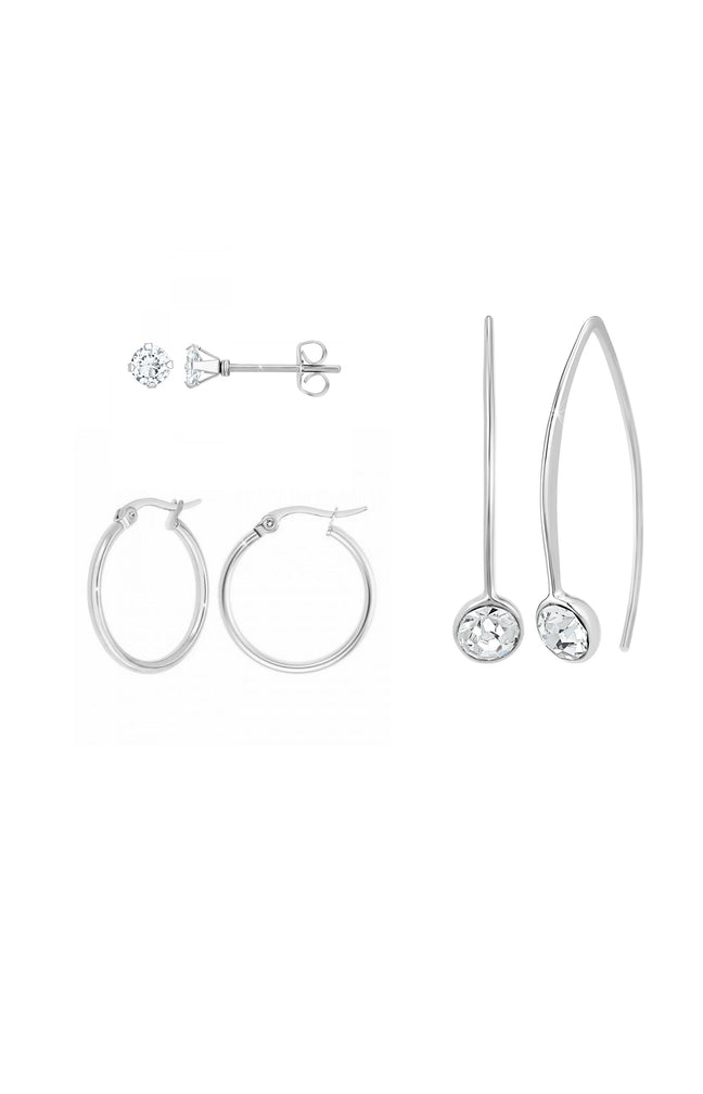Boucles d'oreilles - Laiton & acier inoxydable - Argenté - 3 paires