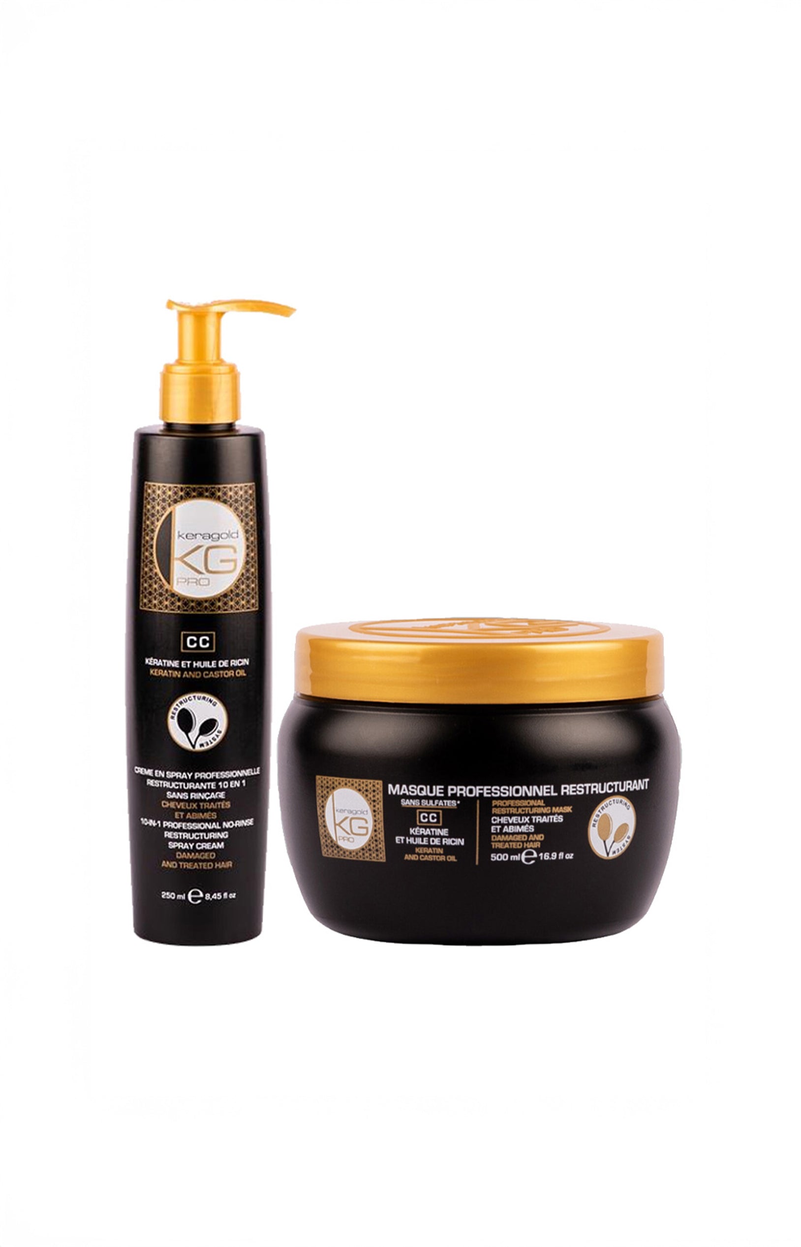 Routine restructurante - Kératine & huile de ricin - Cheveux abîmés - 2 x 500 ml - Keragold