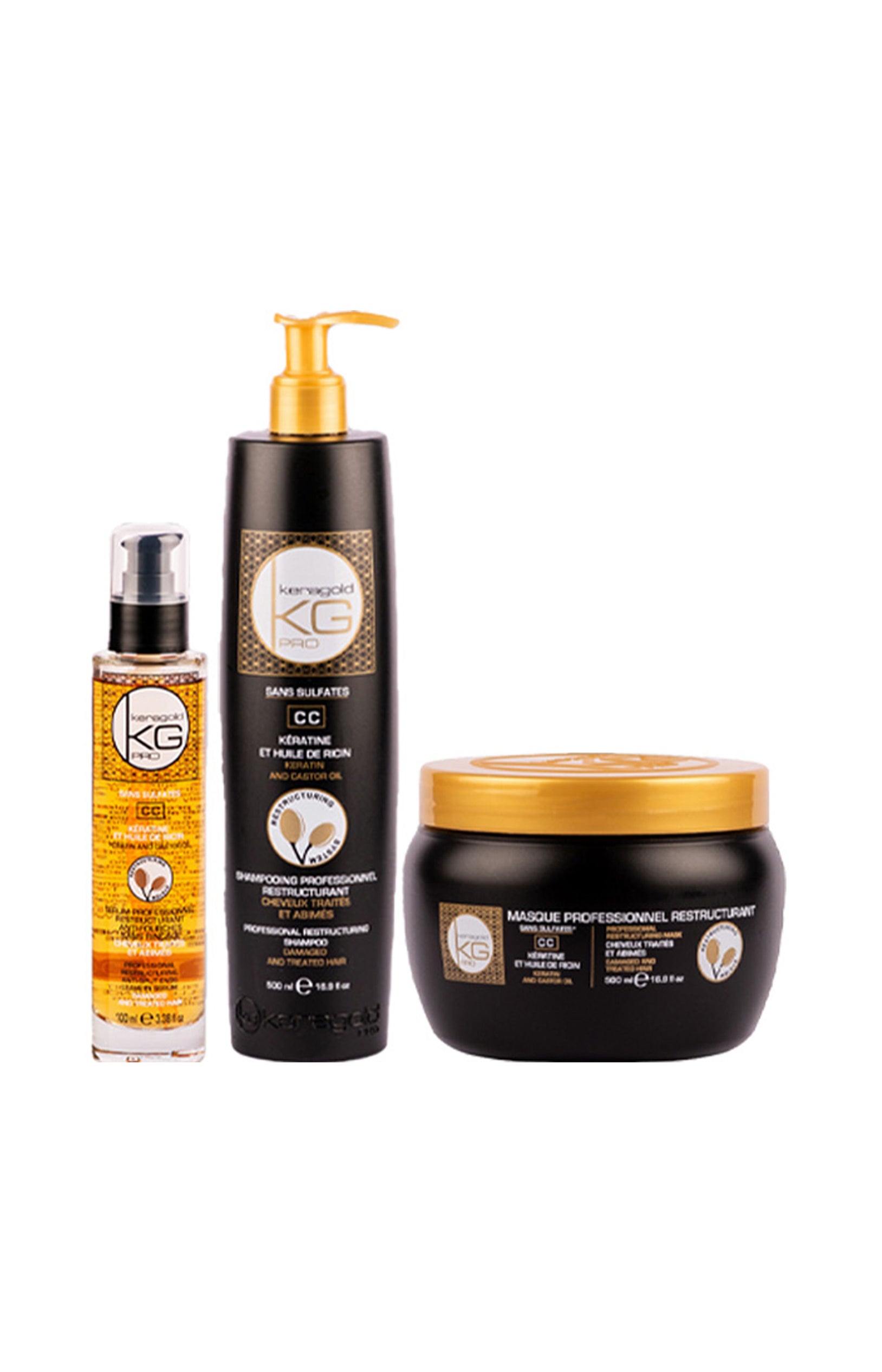 Routine capillaire restructurante - Kératine & huile de ricin - Cheveux abîmés - 3 produits - Keragold